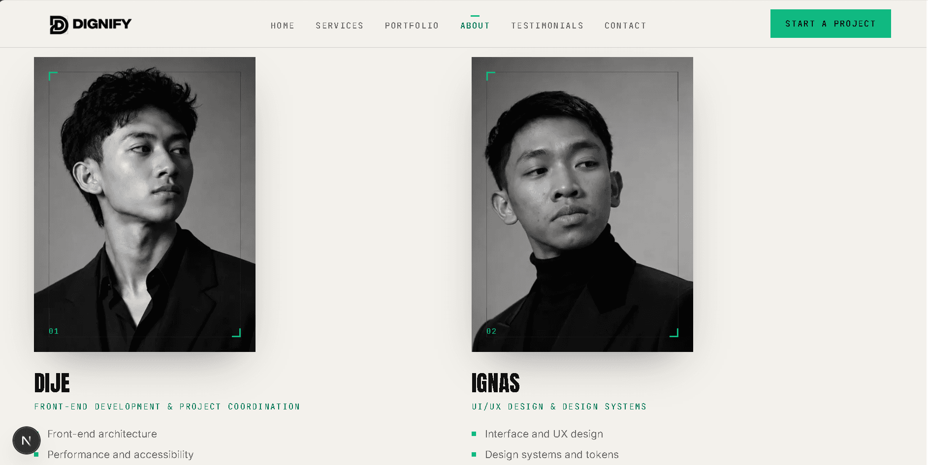 Dignify Studio Site Service index: numbered editorial rows instead of generic cards