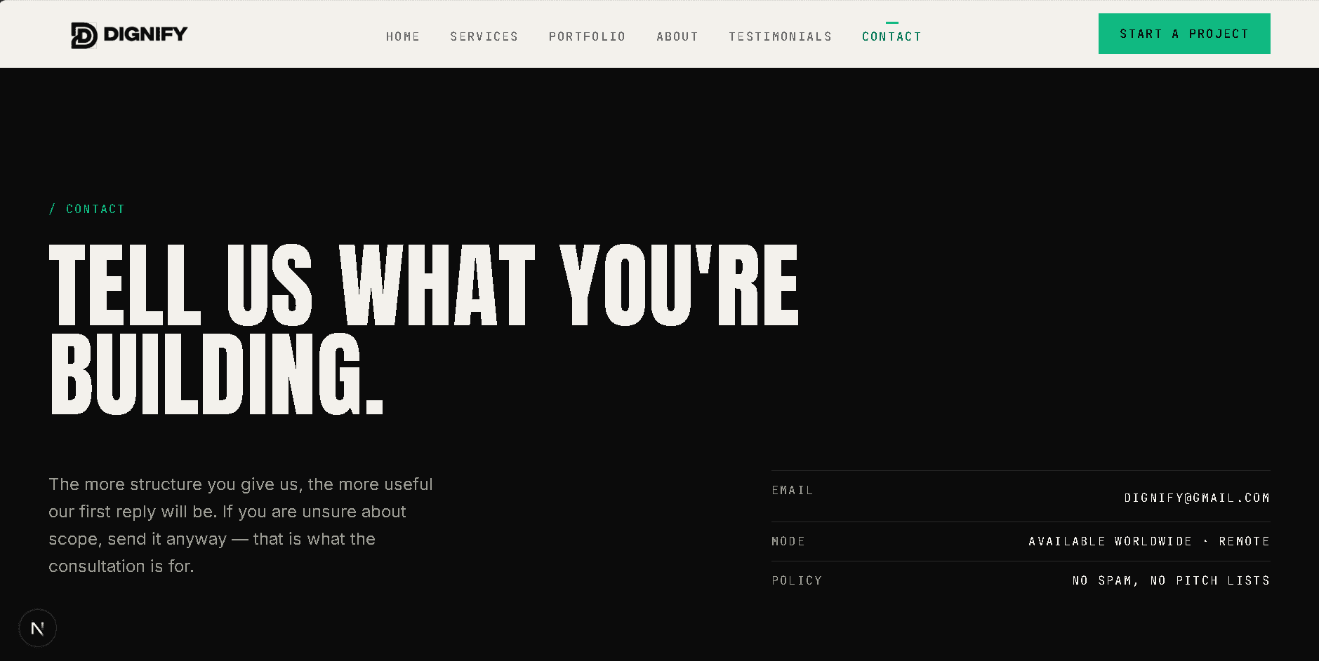 Dignify Studio Site Case study layout: boxed sections with technical metadata